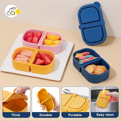 LOROTOCO 3 Pack Silicone Reusable Snack Containers with Lids - 8 oz Double Compartment Snackle Box for Kids & Adults, BPA-Free & Leakproof, Small for Dressing, Snacks, School, Office, Picnic thumbnail 4