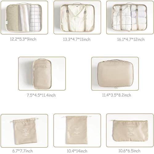 LANSKLBD 6/8 Set Packing Cubes for Suitcases Travel Luggage Packing Organizers,Travel Accessories Essentials Luggage Organizer with Shoe/Tioletry/Laundry Bag (Beige, 8 set) thumbnail 7