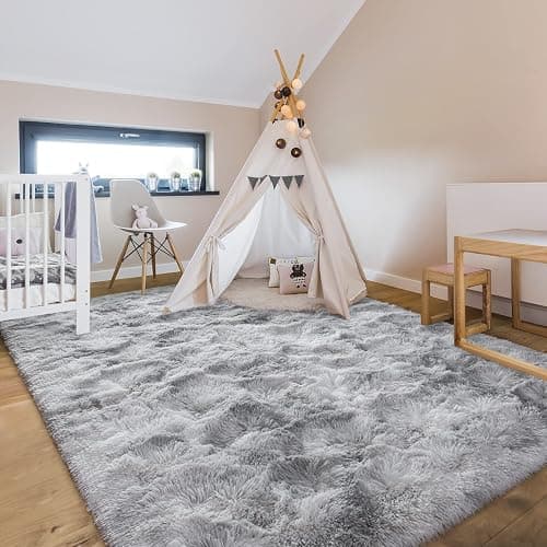 Hutha 4x6 Large Area Rugs for Living Room, Super Soft Fluffy Modern Bedroom Rug, Tie-Dyed Light Grey Indoor Shag Fuzzy Carpets for Girls Kids Nursery Room Home Decor thumbnail 4