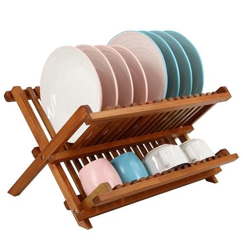 Utoplike Teak Dish Drainer Rack Collapsible 2 Tier Dish Rack Dish Drying Rack Foldable Plate Organizer Holder for Kitchen Compact Countertop - Image 1