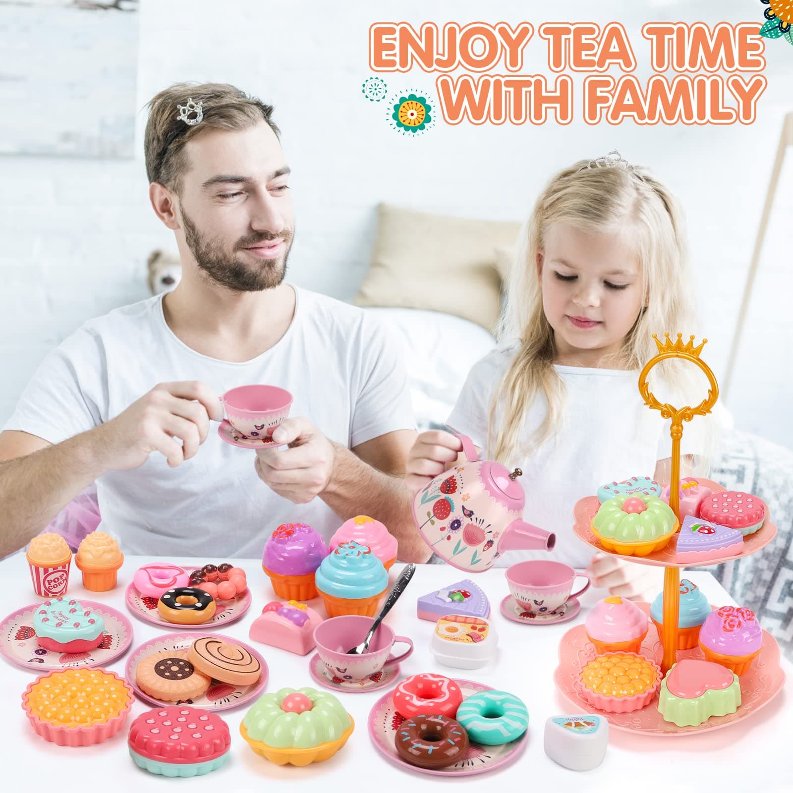 REMOKING 45 PCS Kids Tea Party Set for Little Girls,Tea Set Including Pretend Tin Teapot,Dessert,Cookies,Doughnut,Ice Cream, Kids Kitchen Pretend Play Playset,3 4 5 6 7 Year Old Boys Girls Gifts Toy thumbnail 6
