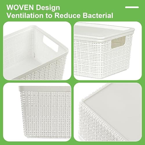 WRRLORS 6 Pack Plastic Storage Baskets with Lid,White Stackable Bins | Durable Woven Plastic With handle Breathable,Save space,For Organizing Desktops, Closets, Playrooms, Classrooms, Offices thumbnail 4