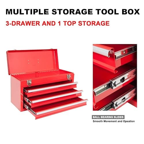 BIG RED ANTBD133-XB Torin 20" Portable 3 Drawer Steel Tool Box with Metal Latch Closure, Red - Red thumbnail 4