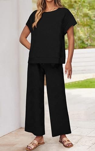 PRETTYGARDEN 2 Piece Outfits For Women Casual Tracksuit Short Sleeve Tops And Wide Leg Long Pants Matching Lounge Sets thumbnail 5