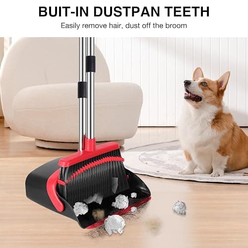 NACENA Broom and Dustpan Set, 52-in Long Adjustable Handle Broom Dustpan Combo with Dustpan Teeth to Automatically Clean Hair Suitable for Home Kitchen Office Hall Floor（Black&Red） - Medium - Black Red thumbnail 5