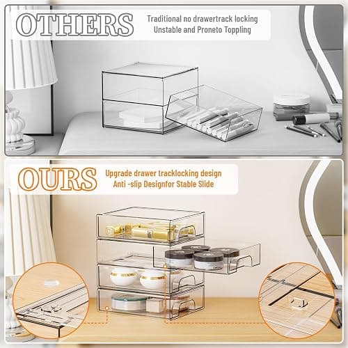 Yieach 4 Pack Small Clear Stackable Storage Drawers,2.2'' Tall Desk Organization and Storage,Plastic Office Supply Organizer,Acrylic Storage Containers for Makeup,Hair Clip,Accessory,Pen,Art Crafts thumbnail 4