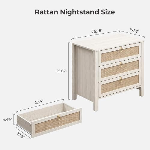 SICOTAS Nightstand Set of 2 with Drawers, Rattan Nightstands, Large Modern Boho Night Stand Wide Bedside Tables for Bedroom thumbnail 3