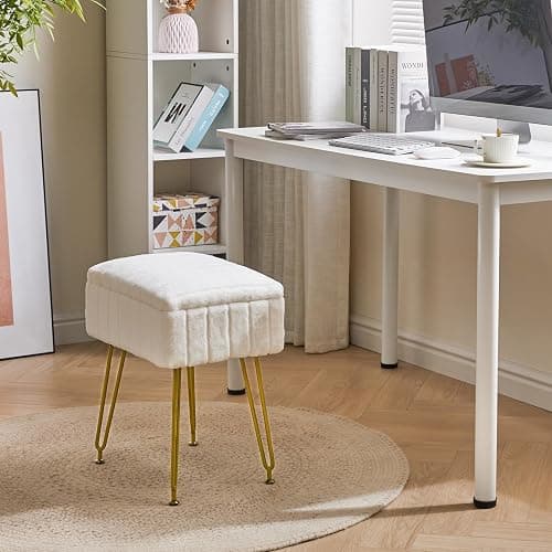 IBUYKE Stool Chair with Storage Space, Footrest Footstool Ottoman, Small Side Table, with 4 Metal Legs, with Anti-Slip Feet, for Makeup Room, Bedroom, Faux Fur, White L/G-50W thumbnail 2