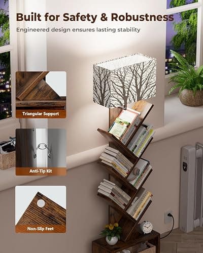 Evermagin Tree Bookshelf with Light, 6 Tier Small Bookcase, Narrow Floor Standing Book Tower Organizer with Storage Cabinet for Living Room, Bedroom and Home Office, Rustic Brown thumbnail 6