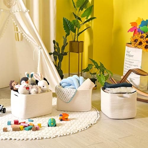 ICERZCZ Storage Baskets for Organizing Shelves, Woven Cotton Rope Bins for Baby Nursery Organization, Book Toy Towel Organizer, 15"x11"x9.5", 3 Packs, Off White thumbnail 6