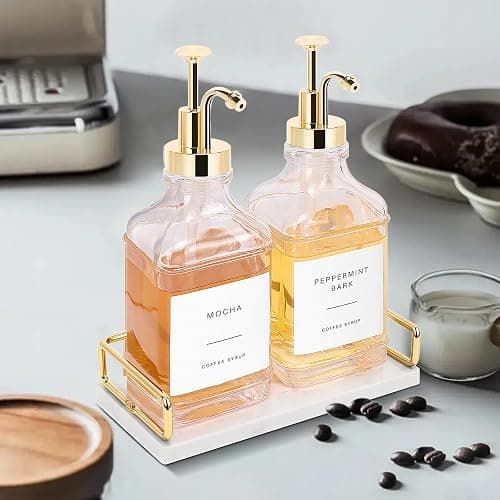 BathAce Coffee Syrup Dispenser for Coffee Bar, Clear Glass Syrup Bottles with Pump, Refillable Maple Syrup Storage, Coffee Station Accessories and Organizer, 500ml, Set of 2 + Tray (Gold) thumbnail 6