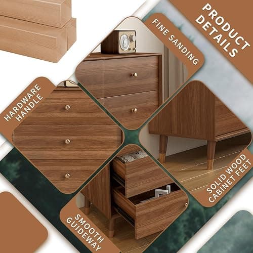 Messenya Dresser for Bedroom, 47 Inch 6 Drawer Wooden Chest of Drawers | FSC Certified Mid Century Modern Walnut Finish Wooden Dresser with Tapered Legs, Easy Assembly, Clearance for Robot Vacuum thumbnail 7