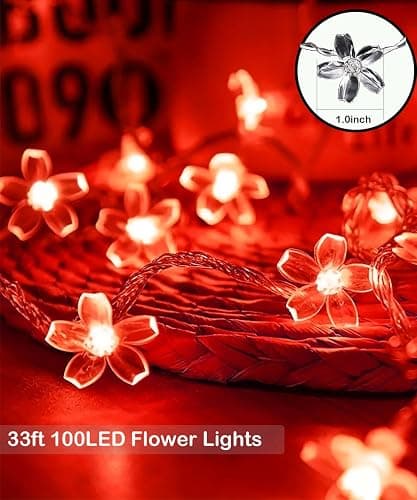 JACUXLSS Cherry Blossom Flower String Lights, 100 led 33 feet 8 Mode Plug in Fairy Lights for Valentine's Day, Wedding, Birthday Party, Christmas Easter Tree Hanging Decorations (Red) thumbnail 5