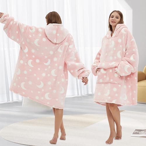 Fiosnow Glow in the Dark Star and Moon Blanket Hoodies for Women and Men Adult Fleece Sherpa Oversize Wearable Blanket Hoodies for Soft and Warm thumbnail 5