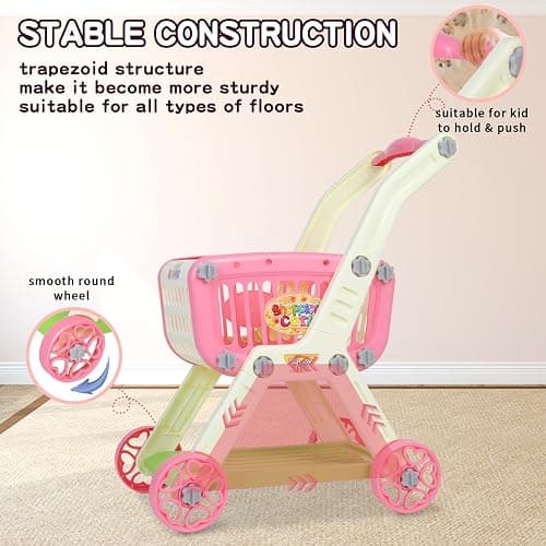 Ming You 2-in-1 Kids Shopping Cart Toy with Pretend Play Foods for Kids | 72pcs Toddler Grocery Cart Set with Fake Money and Shopping Bag for Imaginative Play, Birthday Gift for Girl Ages 3-5 (Pink) thumbnail 6