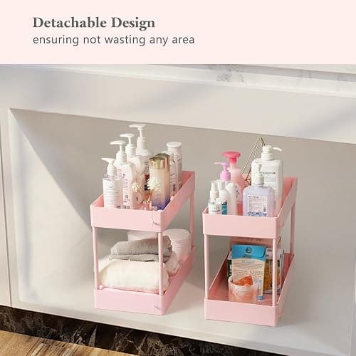 danpinera 3-Tier storage trolley, storage trolley on wheels, beauty trolley with Dividers & Hooks & Hanging Cups, kitchen trolley, storage cart for Kitchen, Make-Up, Bathroom, Office, Pink thumbnail 8