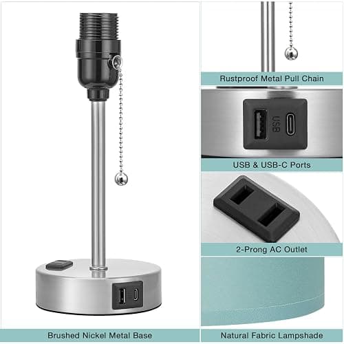 Small Bedside Table Lamp for Bedroom - Desk Lamp with USB Ports for Dorm | USB A+C Ports, AC Outlet, 3 Color Temperatures, LED Bulb Included, Teal Fabric Shade, Sleek Silver Base, 14" Night Stand Lamp thumbnail 6