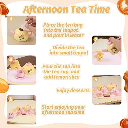 Tea Party Set Wooden Tea Sets for Toddlers 3-5 Play Food Pretend Play Toys Kids Tea Set for Girls 6-8 Birthday Gift Wooden Tea Party Set for Little Girls 3 4 5 6 Years Old Outdoor Tea Time Game thumbnail 4