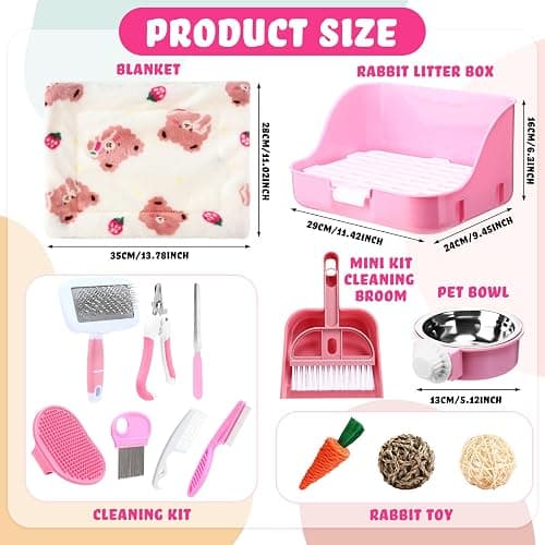 Reallnaive 15 Pcs Rabbit Starter Kit Small Rabbit Litter Box Girls Gift Animal Grooming Kit Bunny Toys Bowl Blankets with Cleaning Set for Guinea Pig Accessories(Pink) thumbnail 2