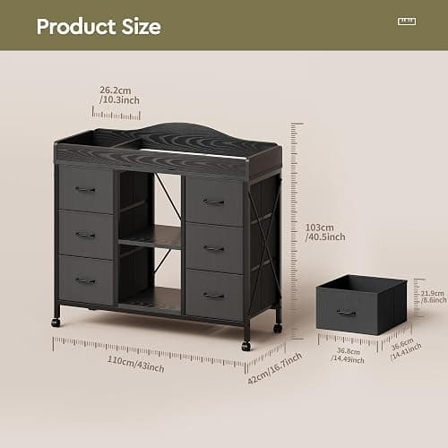 Yetom Changing Table, 6-Drawer Baby Dresser with Changing Table top,Waterproof Diaper Changing Station & Pad, 2 Height-Adjustable Open Storage Shelves, Mobile Nursery Organizer, Black thumbnail 3