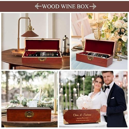 ERUOAEY Personalized Wood Wine Box, Custom Engraved Wine Gift Box, for Wedding, Anniversary, Engagement, Wine Box Ceremony, Bridal Shower thumbnail 6