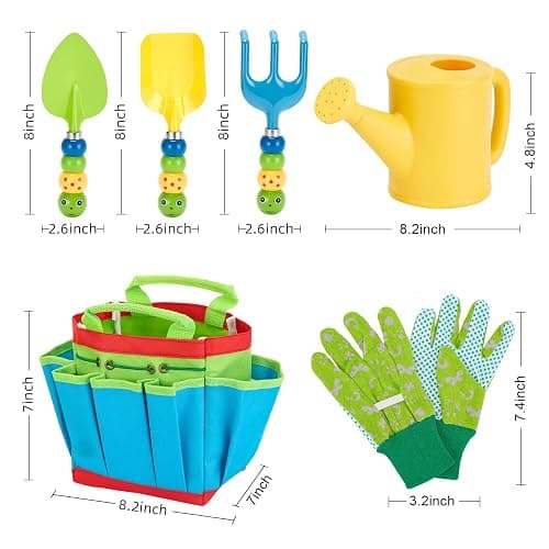 FITNATE Green Kids Garden Tools Set,6 PCS Gardening Tools for Kids Including Watering Can, Shovel, Rake, Fork, Children Gardening Gloves and Garden Tote Bag, All in One Set - Caterpillar thumbnail 3