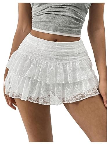 SHENHE Women's Y2K Lace Mini Skirt with Shorts A Line Hight Waisted Ruffle Skirt Skort - Image 1