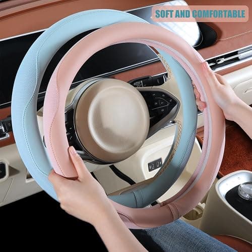 Binsheo Nappa Leather Green Steering Wheel Cover, Advanced Microfiber Leather Non-Slip Breathable Fabric, Warm in Winter and Cool in Summer, Universal 15 inch thumbnail 4