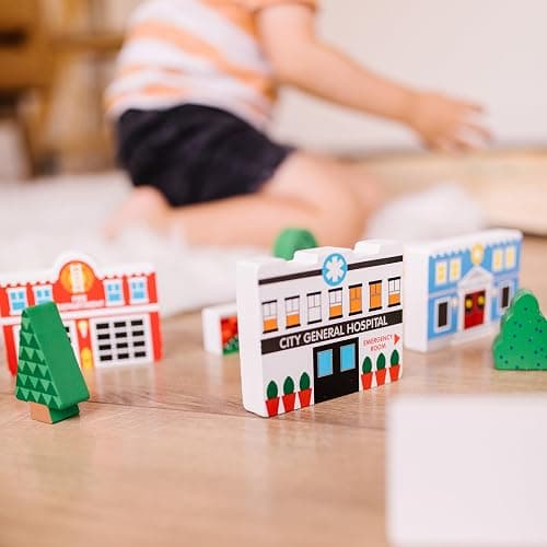 Melissa & Doug Wooden Town Play Set with Storage Tray (32 pcs) Pretend Play Wooden Town Set for Kids with Storage thumbnail 5