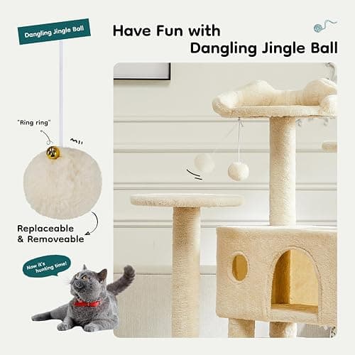DUMOS 54-inch Indoor Cat Tree Tower –Multi-Level Pet House for Large Cats with 2 Condos, Scratching Posts, Round Platform, Small Ladder, and Toys, Beige thumbnail 5