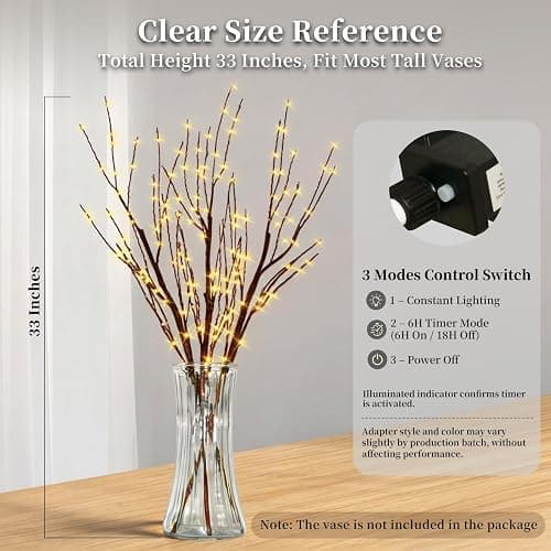 Lighted Brown Branches Lights Plug in with Timer 33IN 180 LED Lights, Twinkling Light Up Tree, DIY Flexible Willow Branches for Christmas Room Vase Decoration,Bedroom, Wedding, Party(Vase Excluded) thumbnail 2