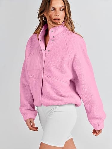 ANRABESS Womens Fuzzy Fleece Jacket Fall Casual Long Sleeve Cropped Sherpa Button Down Shacket Coats Outwear With Pockets thumbnail 5