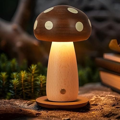 LONRISWAY LED Wooden Mushroom Lamp for Bedroom,Portable Cordless Touch Switch Small Rechargeable Battery Operated Lamp,Stepless Dimming, Night Light for Birthday Gifts thumbnail 9