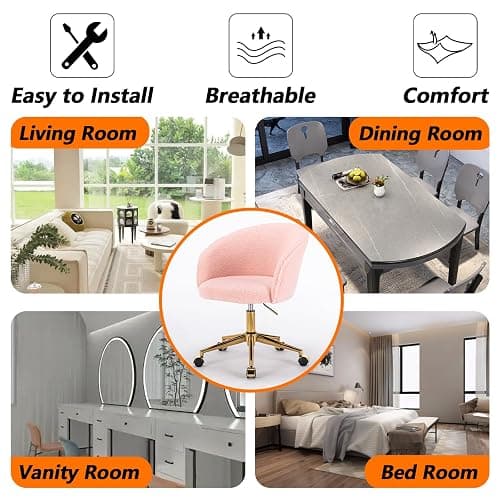Nahenduo Cute Vanity Chair with Back, Teddy Velvet Desk Chair with Wheels and Gold Legs, Modern Makeup Chairs for Vanity Bedroom Office, Adjustable High 360 Swivel (Pink) thumbnail 7