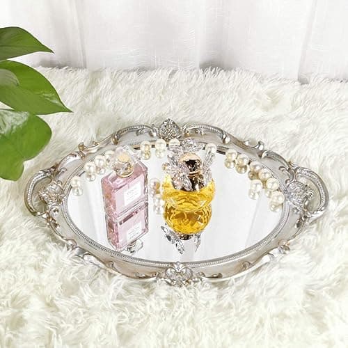 Yamfurga Oval Decorative Mirror Tray, French Style, Makeup Organizer, Jewelry Organizer, Serving Tray, 9.8"x 14.6", Golden Silver thumbnail 4
