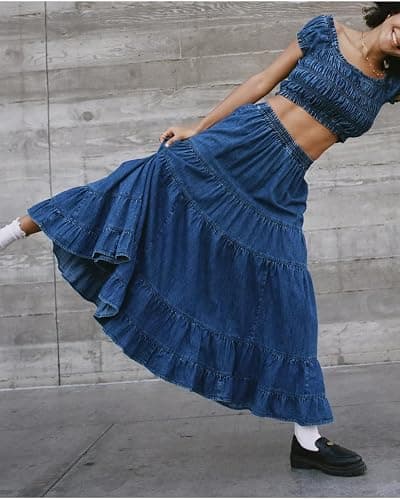 YEXPINE Women's Swing Chambray Maxi Skirt Elastic Waist Pleated Tiered Flowy Long Skirts Retro Denim Skirt thumbnail 5