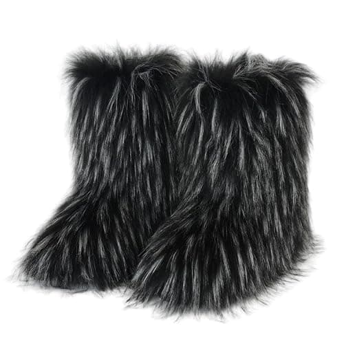 Furry Faux Fur Boots for Women Colourful Winter Warm Soft Plush Snow Boots Fuzzy Fluffy Round Toe Suede Flat Shoes Outdoor Indoor Mid-Calf Boot - Image 1