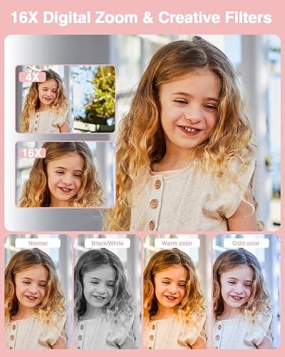 Digital Camera, FHD 1080P Point and Shoot Kids Camera, with 32GB Card, 2 Batteries, 16X Zoom Anti Shake Date Stamp, Compact Portable Small, for Starter Kid Children Teen Student Girl Boy(Pink) thumbnail 8