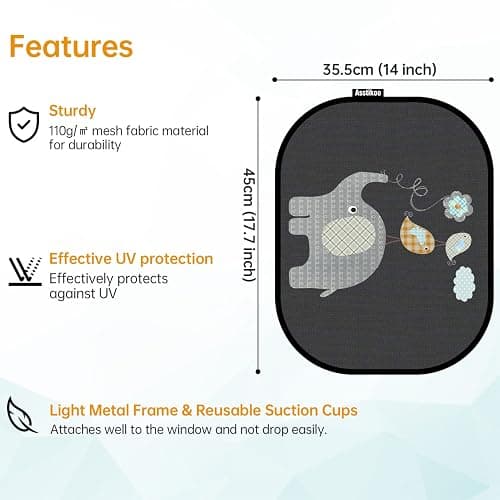 Asstikoo Auto Sonnenschutz Baby mit UV Schutz, 45x35.5cm Sonnenblende mit 8 Saugnäpfen, Autofenster Sonnenschutz für Kinder mit süßen Tier Motiven-2er Set - Schwarz thumbnail 3