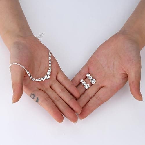 Jstyle Silver Plated Jewelry Set for Women Rhinestone Crystal Necklace Drop Earrings Link Bangle Bracelet Bridal Wedding Jewelry Sets for Brides Bridemaid Prom Costume Accessories thumbnail 6