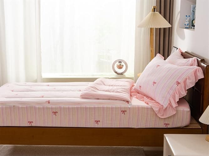 Aimuan Zipper Bedding Pink Bow Printed on Rainbow Comforter Set Set Bowknot Twin Princess Kids Zippered Bedding Set Ultra Soft (Pink-Colorful, Twin) thumbnail 3