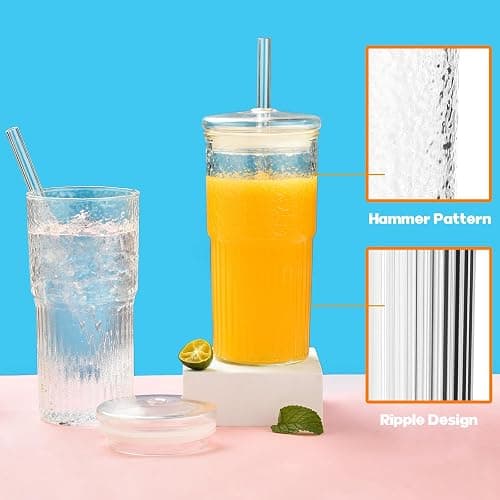 ALINK Glass Cups with Lids and Straws, 22 oz High Borosilicate Clear Iced Coffee Glass Tumblers, Drinking Glass Smoothie Tea Water Cups, Pack of 2 with Cleaning Brush thumbnail 5