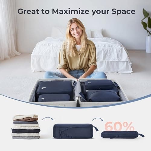 Compression Packing Cubes 8 Set Travel Organizer, Waterproof Travel Packing Cubes for Carry on Luggage Compression Cubes Travel Essentials Blue thumbnail 2