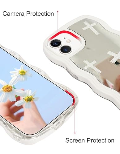 Jusy Compatible with iPhone 11 Case with Wavy Edge, Cute White Cross Pattern Mirror Curly Phone Cases, Shockproof Hard PC & Soft TPU Bumper Protection Cover for Women Girls-Cross Pattern thumbnail 2