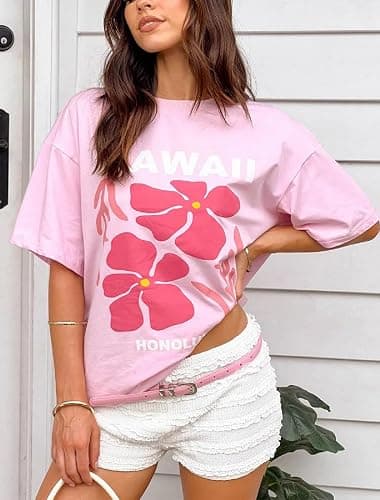 Oversized Graphic Shirt for Teens Girl Y2K Ocean Floral Short Sleeve Baggy Tee Shirts Vintage Aesthetic Coastal Tops thumbnail 2