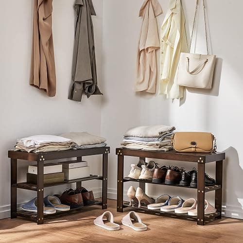 Pipishell 3 Tier Bamboo Shoe Rack Bench for Entryway, Brown | 100% natural bamboo, sturdy and durable, 300 lbs weight capacity, space-saving shoe organizer, easy assembly, holds 6–8 pairs thumbnail 2