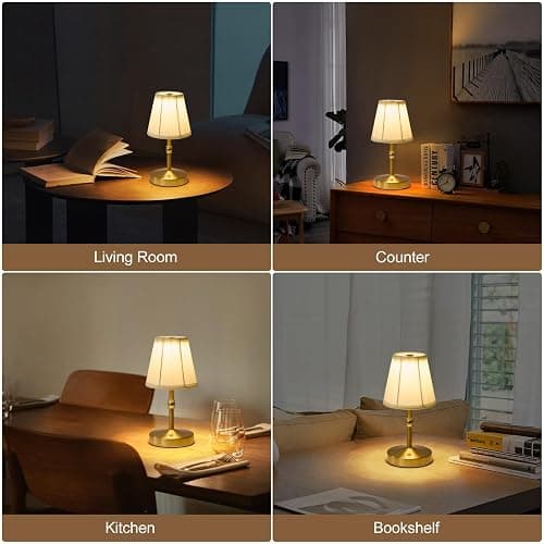 5w Led Cordless Mini Lamps,3000 mah Battery Operated Lamp,3 Color Temperature Dimmable Table Lamp,Gold Rechargeable Table Lamp Fabric,Aesthetic Small kitchen Lamp for Counter,Restaurant,Bar,H9.8" thumbnail 7