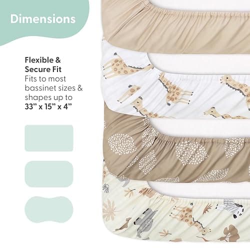 The Peanutshell Baby Bassinet Sheets 4-Pack - Soft, Oval & Fitted Baby Girls or Boys Sheet, Rectangle, Fitted Covers for Crib, Halo Bassinet Mattress - Safari Neutral thumbnail 4