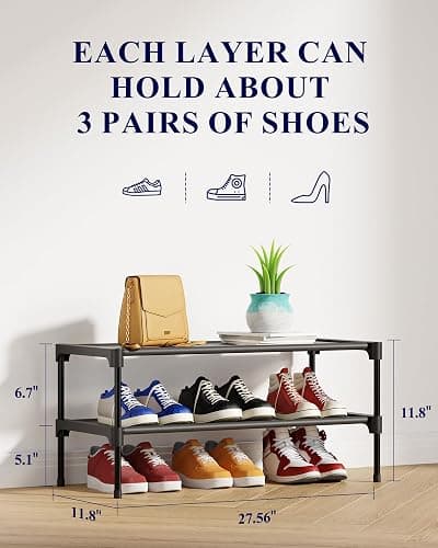 Kitsure Shoe Rack - Non-Woven Shoe Rack Shelf, Shoe Organizer for Closet, Entryway, Garage & Corridor, Stackable Shoe Shelves, 27.5" Wide - 2 Tier, Black thumbnail 2