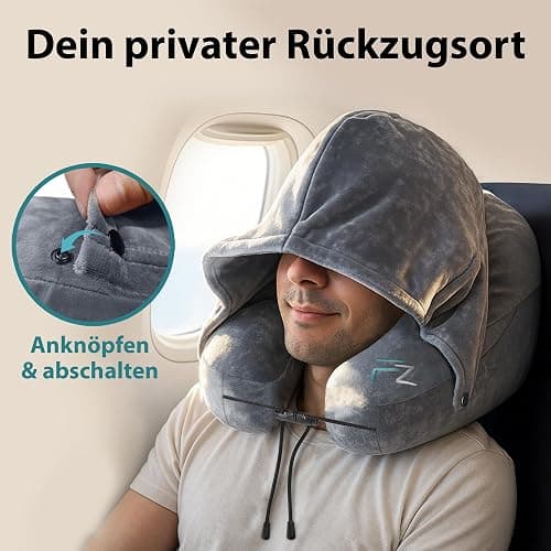 FLOWZOOM AIR Aufblasbares Nackenkissen mit Haube, Grau, L | H-Form, 5 Schlafpositionen, Verstellbare Festigkeit, Waschbarer Bezug, Ohrstöpsel, 260 g leicht thumbnail 5
